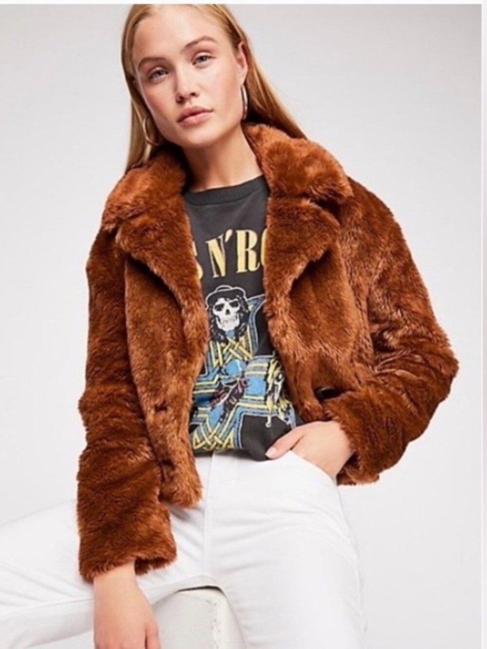 Free People Cropped Jacket‎ Women's Brown Mena Faux Fur Fluffy Teddy S